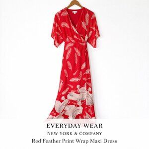 New York & Company Red Feather Print Wrap Maxi Dress Small